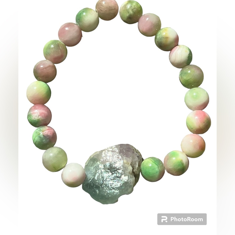 Jade and rough natural fluorite crystal beaded stretch bracelet